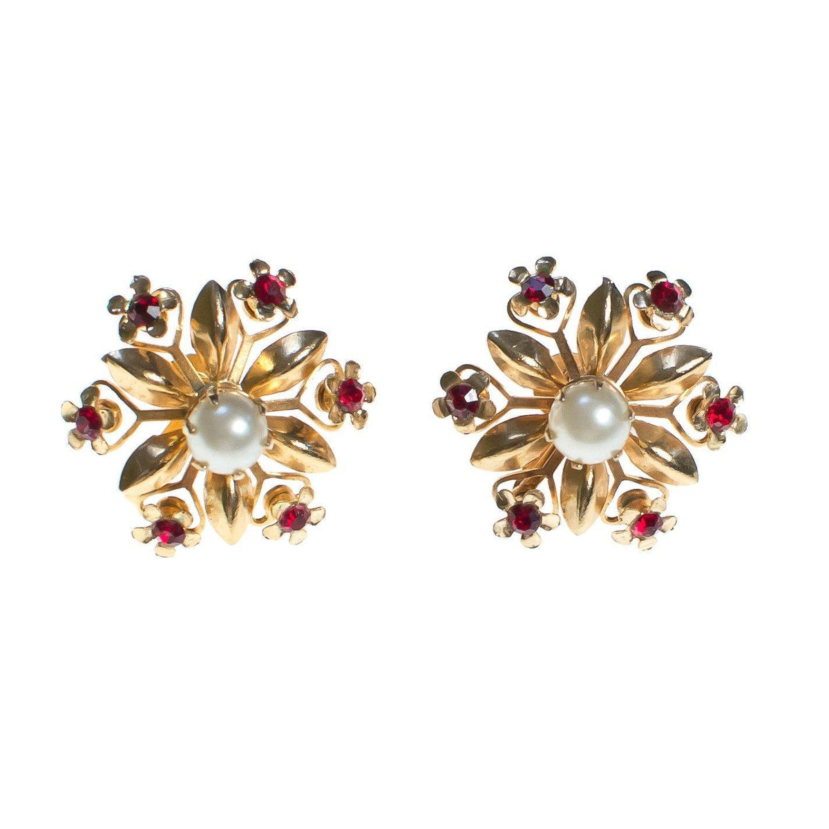 Vintage Gold Star Flower Earrings with Red Rhinestones and Faux Pearl