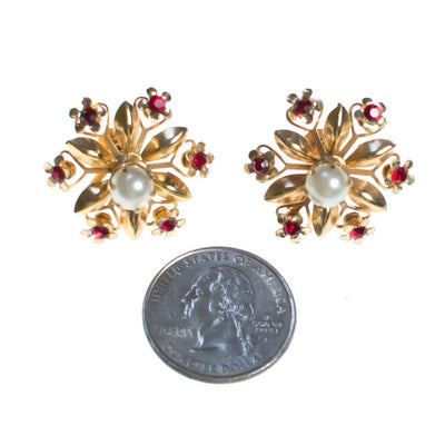 Vintage Gold Star Flower Earrings with Red Rhinestones and Faux Pearl by 1950s - Vintage Meet Modern Vintage Jewelry - Chicago, Illinois - #oldhollywoodglamour #vintagemeetmodern #designervintage #jewelrybox #antiquejewelry #vintagejewelry