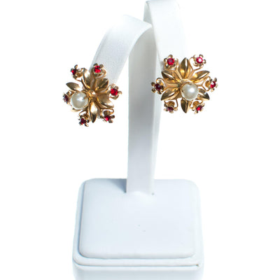 Vintage Gold Star Flower Earrings with Red Rhinestones and Faux Pearl by 1950s - Vintage Meet Modern Vintage Jewelry - Chicago, Illinois - #oldhollywoodglamour #vintagemeetmodern #designervintage #jewelrybox #antiquejewelry #vintagejewelry