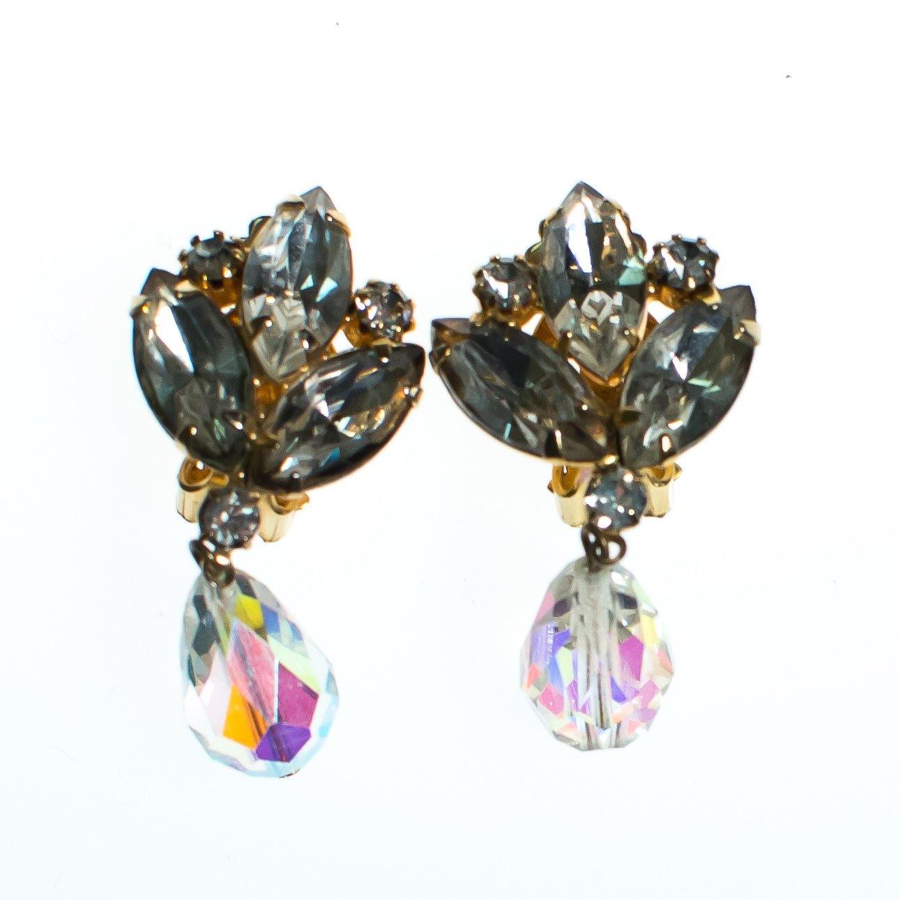Vintage Juliana Dangling Aurora Borealis Rhinestone Statement Earrings, Clip On by Juliana - Vintage Meet Modern Vintage Jewelry - Chicago, Illinois - #oldhollywoodglamour #vintagemeetmodern #designervintage #jewelrybox #antiquejewelry #vintagejewelry