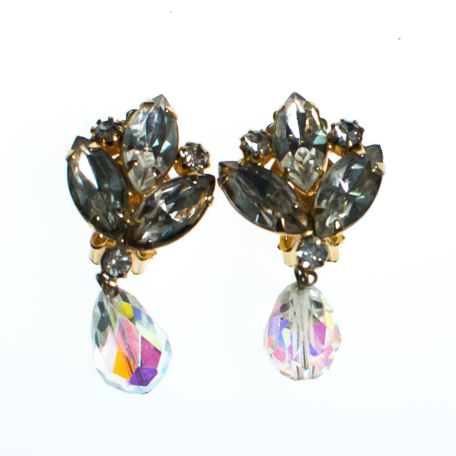 Vintage Juliana Dangling Aurora Borealis Rhinestone Statement Earrings, Clip On by Juliana - Vintage Meet Modern Vintage Jewelry - Chicago, Illinois - #oldhollywoodglamour #vintagemeetmodern #designervintage #jewelrybox #antiquejewelry #vintagejewelry