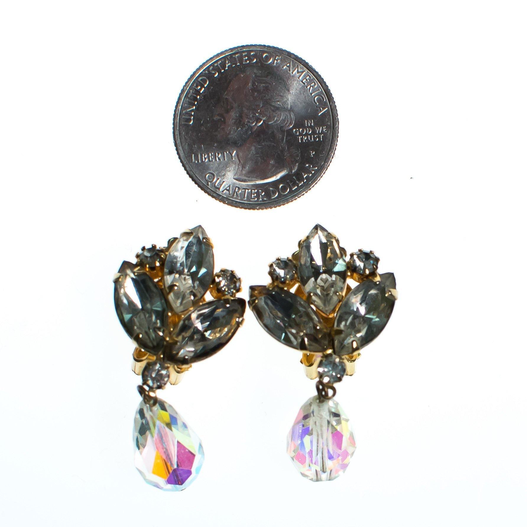 Vintage Juliana Dangling Aurora Borealis Rhinestone Statement Earrings, Clip On by Juliana - Vintage Meet Modern Vintage Jewelry - Chicago, Illinois - #oldhollywoodglamour #vintagemeetmodern #designervintage #jewelrybox #antiquejewelry #vintagejewelry