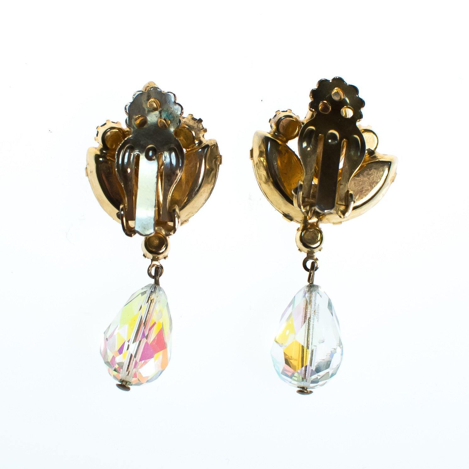 Vintage Juliana Dangling Aurora Borealis Rhinestone Statement Earrings, Clip On by Juliana - Vintage Meet Modern Vintage Jewelry - Chicago, Illinois - #oldhollywoodglamour #vintagemeetmodern #designervintage #jewelrybox #antiquejewelry #vintagejewelry