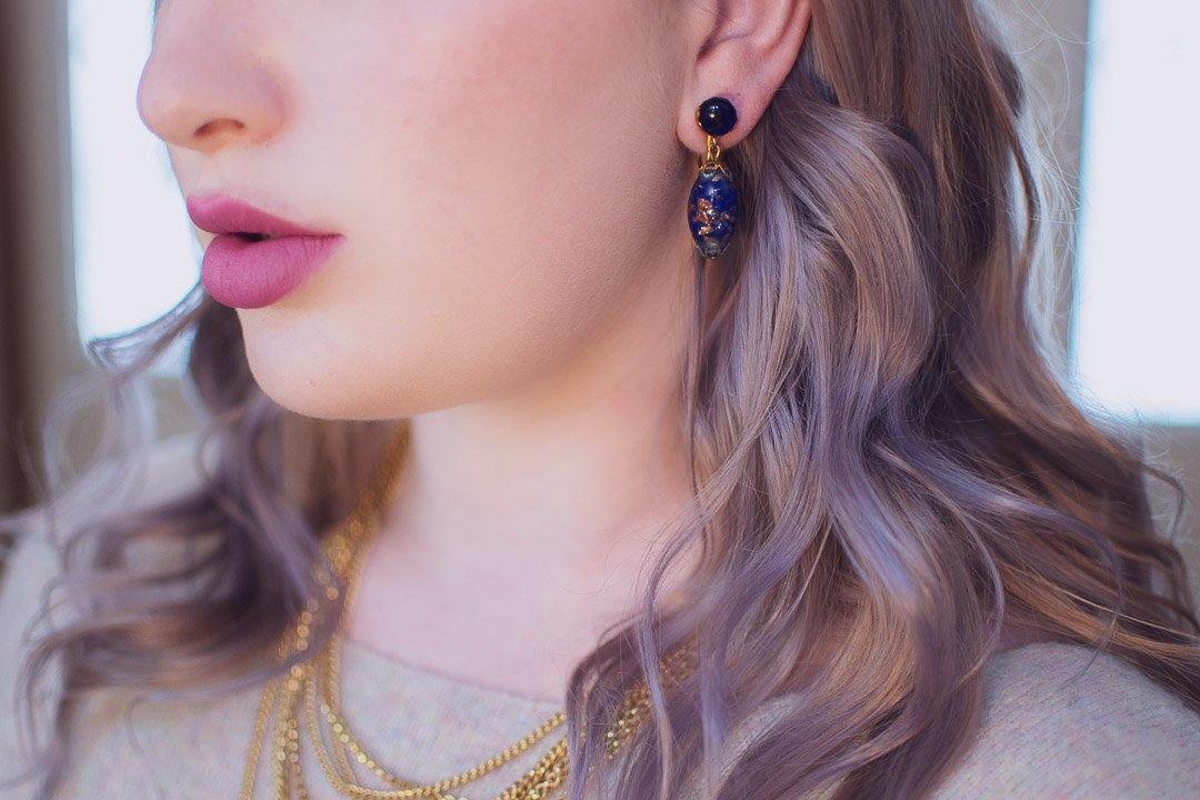 Vintage Blue and Gold Venetian Wedding Cake Bead Earrings by 1950s - Vintage Meet Modern Vintage Jewelry - Chicago, Illinois - #oldhollywoodglamour #vintagemeetmodern #designervintage #jewelrybox #antiquejewelry #vintagejewelry