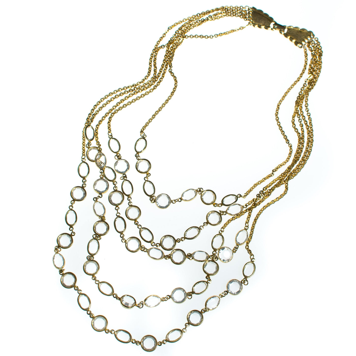 Vintage Long Graduated Multi Strand Bezel Set Crystal Necklace