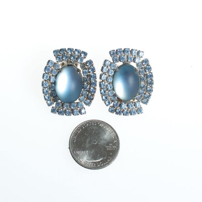 Vintage 1950s Retro Glam Frosted Cinderella Blue Rhinestone Statement Earrings, Clip On by 1950s - Vintage Meet Modern Vintage Jewelry - Chicago, Illinois - #oldhollywoodglamour #vintagemeetmodern #designervintage #jewelrybox #antiquejewelry #vintagejewelry