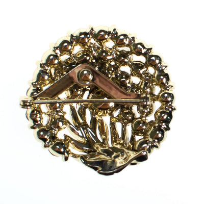 Vintage Round Brooch, Pink Iridescent Aurora Borealis Rhinestones, Gold Tone Leaf, Golf Tone Setting, Brooches and Pins by 1950s - Vintage Meet Modern Vintage Jewelry - Chicago, Illinois - #oldhollywoodglamour #vintagemeetmodern #designervintage #jewelrybox #antiquejewelry #vintagejewelry