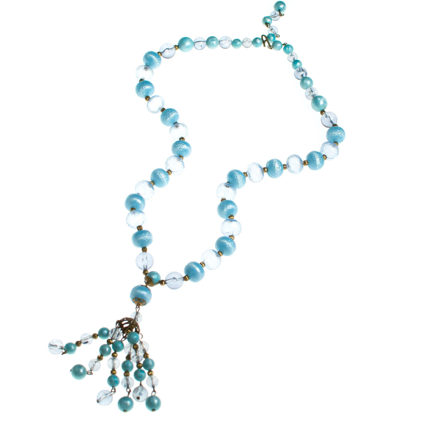 Vintage Mid Century Modern Blue Bubble Bead Lucite Tassel Necklace