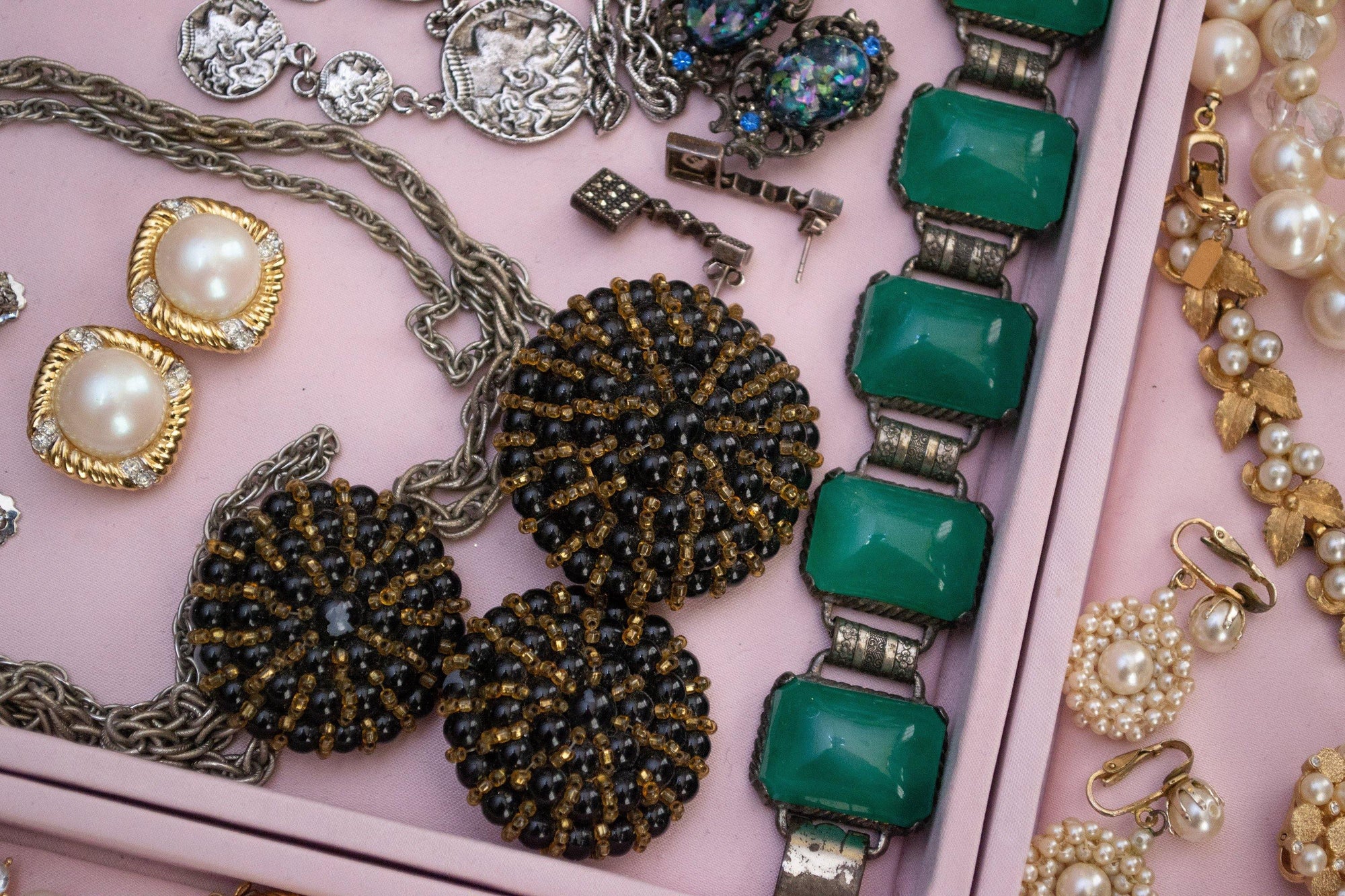 Vintage Brooch, Black Lucite Beads, Gold Glass Beads, Gold Tone Setting, Brooches and Pins by 1950s - Vintage Meet Modern Vintage Jewelry - Chicago, Illinois - #oldhollywoodglamour #vintagemeetmodern #designervintage #jewelrybox #antiquejewelry #vintagejewelry