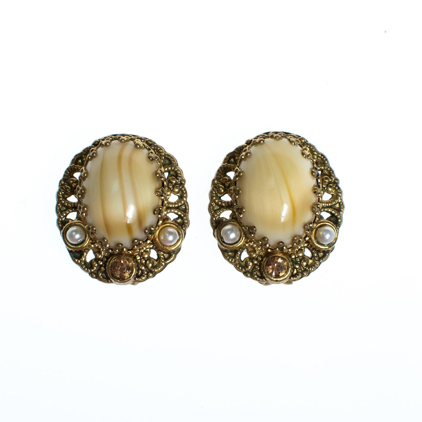 Vintage West Germany Earrings, Cream and Brown Striped Gemstone, Gold Rhinestone, Faux Pearls, Clip-on