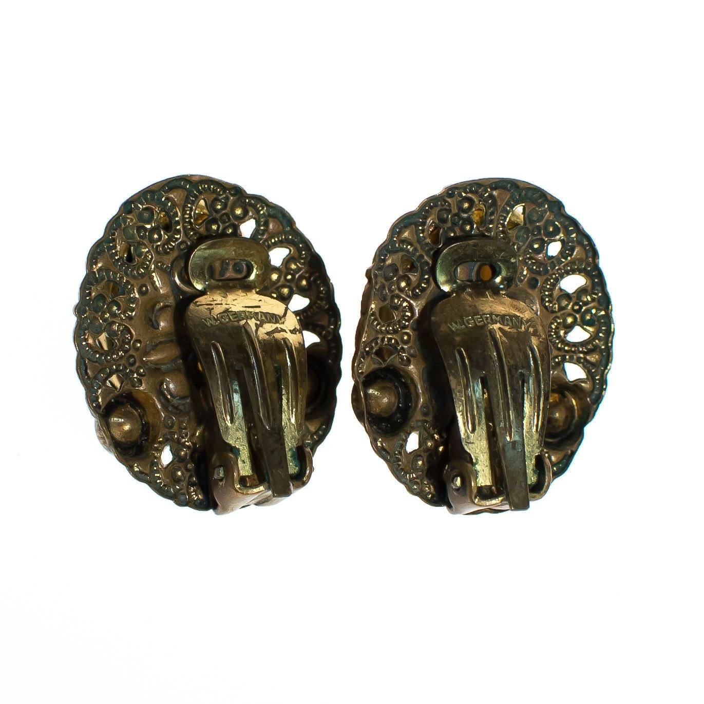 Vintage West Germany Earrings, Cream and Brown Striped Gemstone, Gold Rhinestone, Faux Pearls, Clip-on by West Germany - Vintage Meet Modern Vintage Jewelry - Chicago, Illinois - #oldhollywoodglamour #vintagemeetmodern #designervintage #jewelrybox #antiquejewelry #vintagejewelry