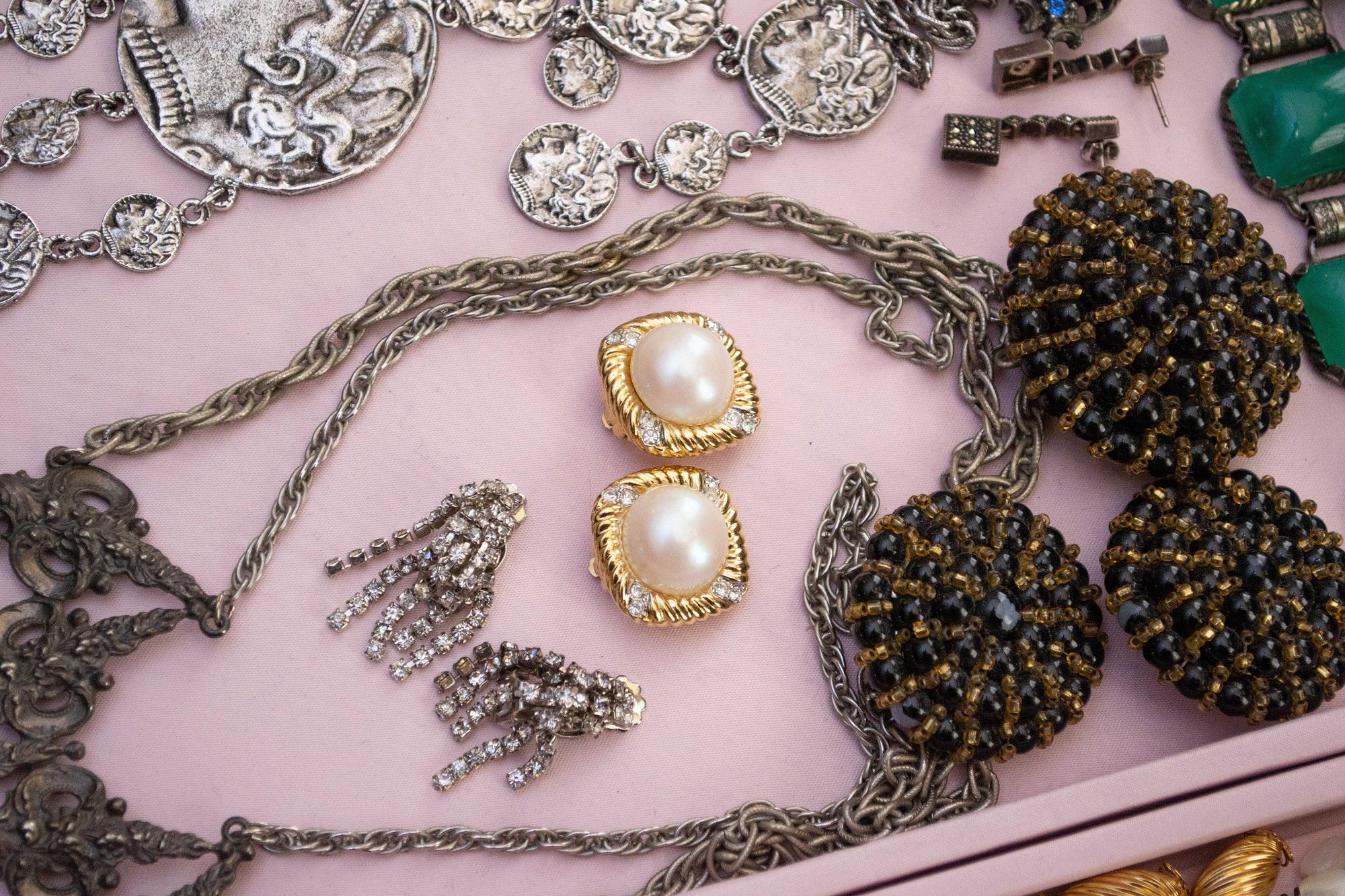 Vintage Nina Ricci Pearl, Diamante Crystals, Statement Earrings Gold Tone Setting, Clip-on by Nina Ricci - Vintage Meet Modern Vintage Jewelry - Chicago, Illinois - #oldhollywoodglamour #vintagemeetmodern #designervintage #jewelrybox #antiquejewelry #vintagejewelry