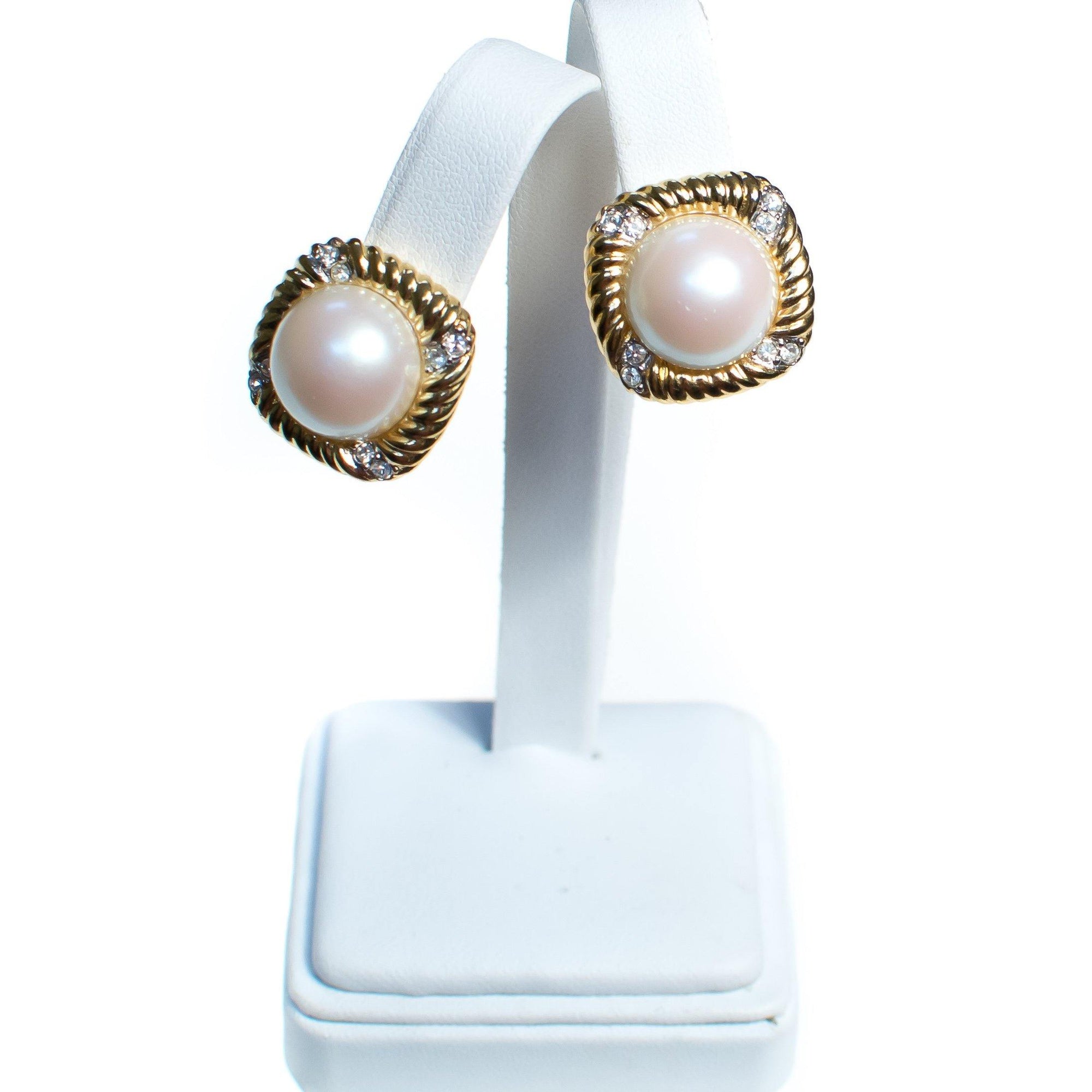 Vintage Nina Ricci Pearl, Diamante Crystals, Statement Earrings Gold Tone Setting, Clip-on by Nina Ricci - Vintage Meet Modern Vintage Jewelry - Chicago, Illinois - #oldhollywoodglamour #vintagemeetmodern #designervintage #jewelrybox #antiquejewelry #vintagejewelry