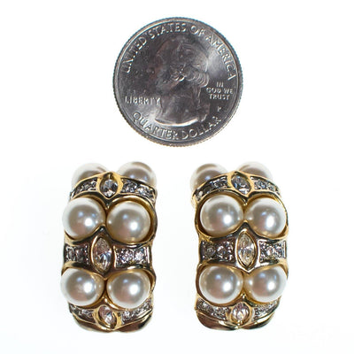 Vintage Pearl and Rhinestone Domed Hoop Earrings, Clip On by 1980s - Vintage Meet Modern Vintage Jewelry - Chicago, Illinois - #oldhollywoodglamour #vintagemeetmodern #designervintage #jewelrybox #antiquejewelry #vintagejewelry