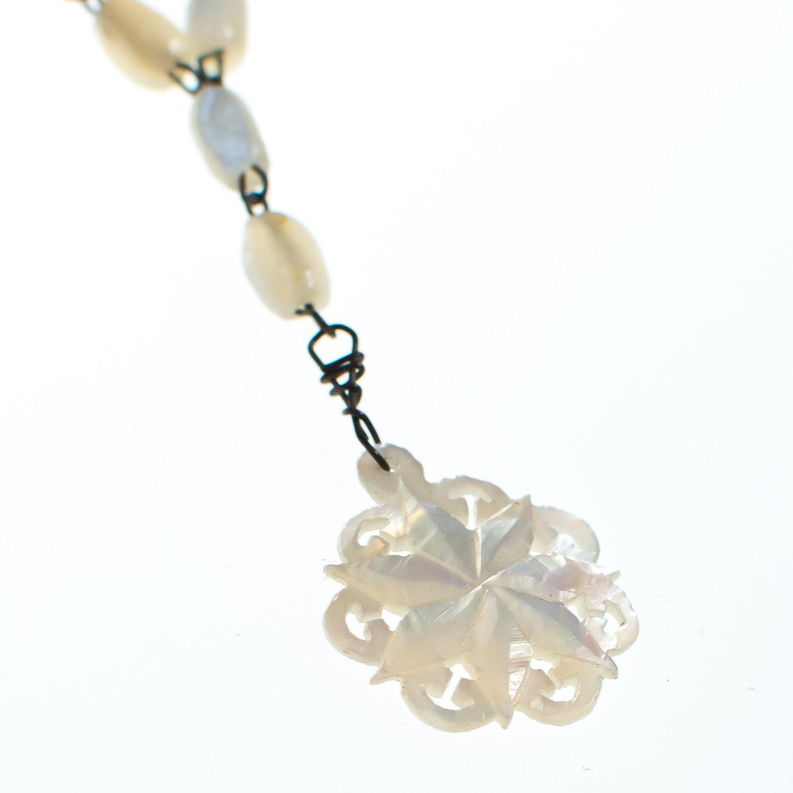 Vintage Carved  Etched and Scalloped Mother of Pearl Lavalier Necklace by Mother of Pearl - Vintage Meet Modern Vintage Jewelry - Chicago, Illinois - #oldhollywoodglamour #vintagemeetmodern #designervintage #jewelrybox #antiquejewelry #vintagejewelry