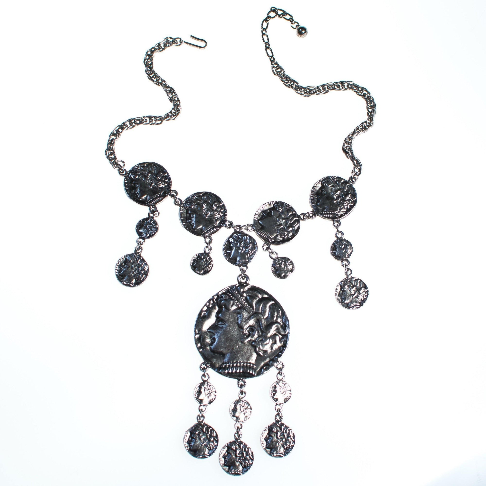 Vintage Crown Trifari Silver Coin Statement Necklace by Crown Trifari - Vintage Meet Modern Vintage Jewelry - Chicago, Illinois - #oldhollywoodglamour #vintagemeetmodern #designervintage #jewelrybox #antiquejewelry #vintagejewelry