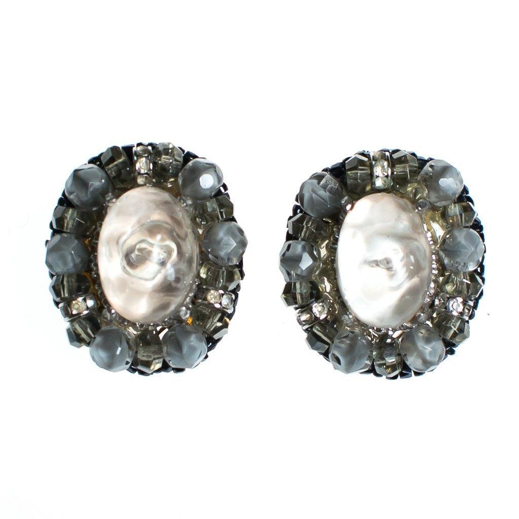 Vintage Ice Crystal and Smoke Rhinestone Statement Earrings by 1950s - Vintage Meet Modern Vintage Jewelry - Chicago, Illinois - #oldhollywoodglamour #vintagemeetmodern #designervintage #jewelrybox #antiquejewelry #vintagejewelry