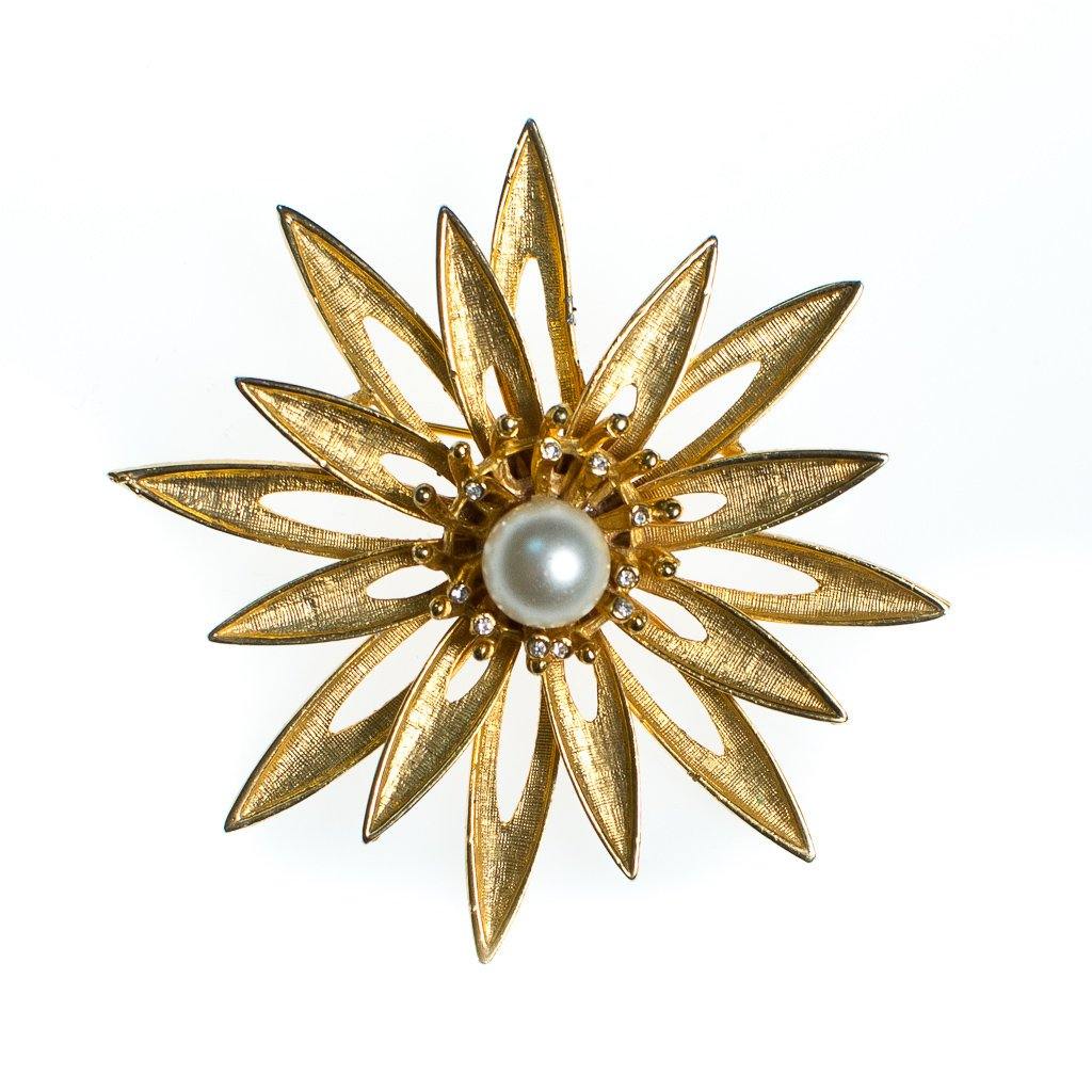 Vintage Huge Mid Century Modern Gold Flower Brooch with Pearls and Rhinestones