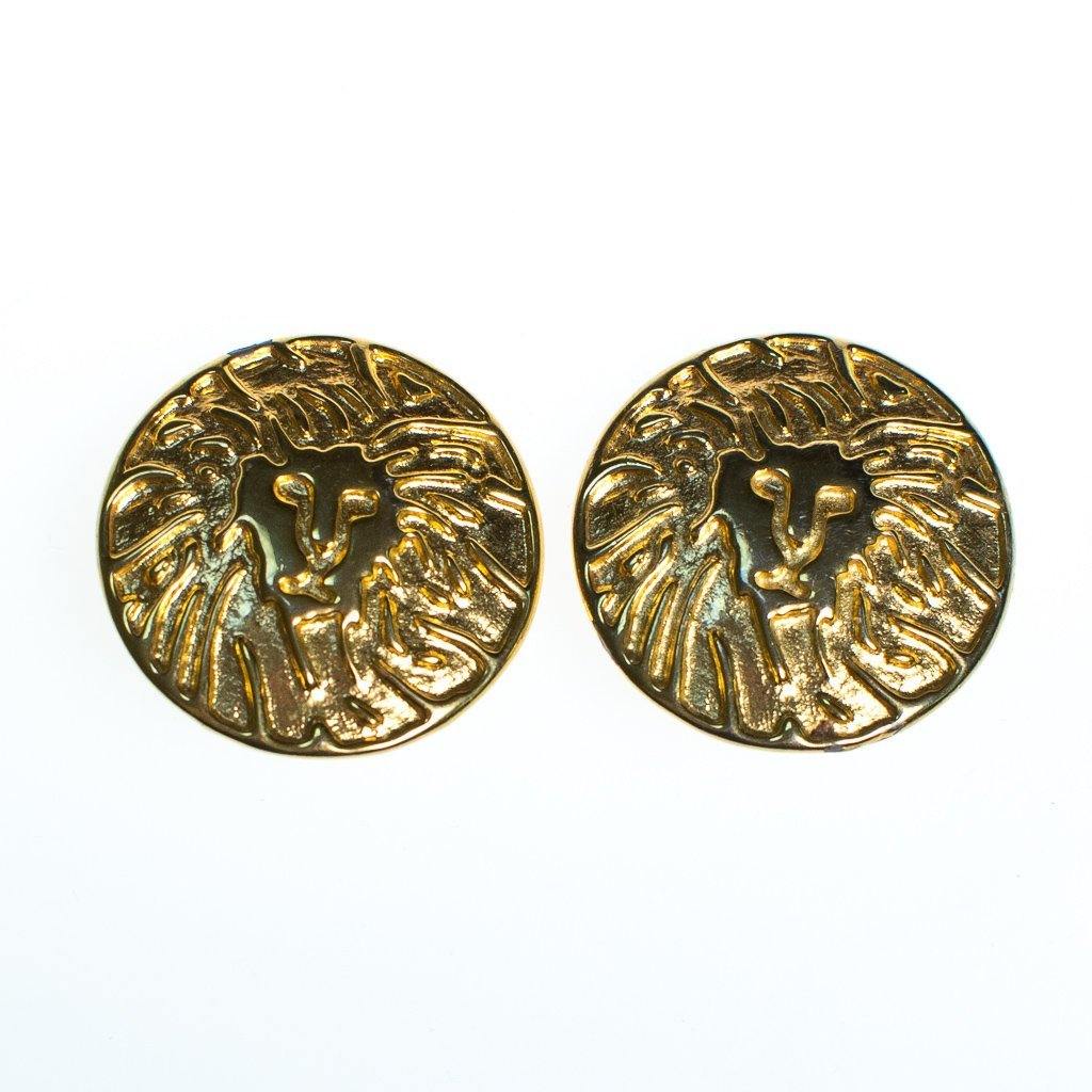 Vintage Anne Klein Couture Gold Lion Huge Round Statement Earrings