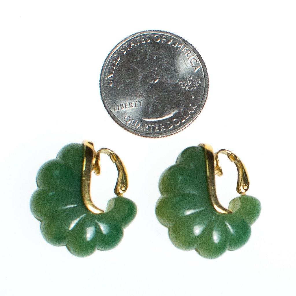 Vintage 1970s Givenchy Couture Light Green Bakelite Domed Fluted Cabochon Modernist Statement Earrings by Givenchy - Vintage Meet Modern Vintage Jewelry - Chicago, Illinois - #oldhollywoodglamour #vintagemeetmodern #designervintage #jewelrybox #antiquejewelry #vintagejewelry