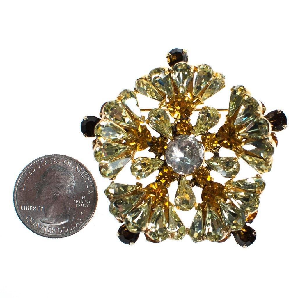 Vintage Amber Citrine Smokey Topaz and Diamante Rhinestone Pinwheel Brooch by 1950s - Vintage Meet Modern Vintage Jewelry - Chicago, Illinois - #oldhollywoodglamour #vintagemeetmodern #designervintage #jewelrybox #antiquejewelry #vintagejewelry