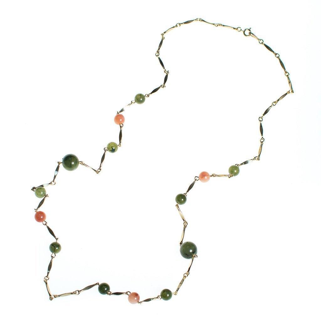 Vintage 1960s Angel Skin Coral and Faux Jade Lucite Beaded Station Minimalist Long Necklace