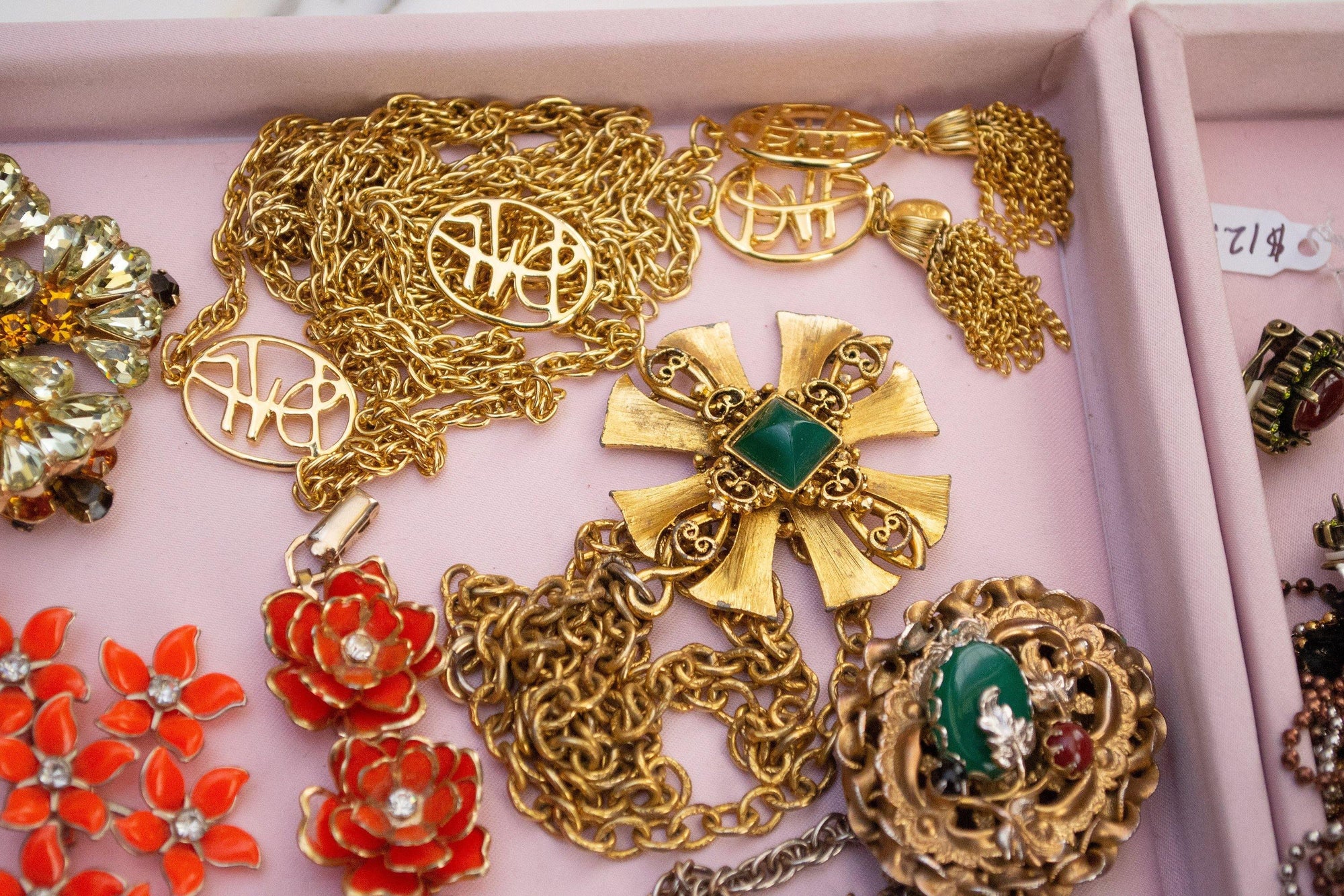 Vintage Gold Maltese Cross Pendant Statement Necklace with Emerald Lucite Cabochon Center by 1960s - Vintage Meet Modern Vintage Jewelry - Chicago, Illinois - #oldhollywoodglamour #vintagemeetmodern #designervintage #jewelrybox #antiquejewelry #vintagejewelry