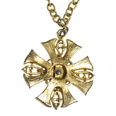 Vintage Gold Maltese Cross Pendant Statement Necklace with Emerald Lucite Cabochon Center by 1960s - Vintage Meet Modern Vintage Jewelry - Chicago, Illinois - #oldhollywoodglamour #vintagemeetmodern #designervintage #jewelrybox #antiquejewelry #vintagejewelry