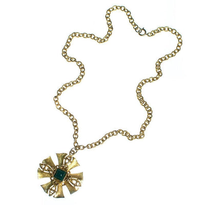 Vintage Gold Maltese Cross Pendant Statement Necklace with Emerald Lucite Cabochon Center by 1960s - Vintage Meet Modern Vintage Jewelry - Chicago, Illinois - #oldhollywoodglamour #vintagemeetmodern #designervintage #jewelrybox #antiquejewelry #vintagejewelry