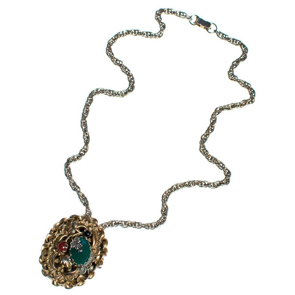 Vintage 1960s Victorian Gothic Inspired Pendant Brooch Necklace Gold with Carnelian and Faux Emerald Jade Cabochons by 1960s - Vintage Meet Modern Vintage Jewelry - Chicago, Illinois - #oldhollywoodglamour #vintagemeetmodern #designervintage #jewelrybox #antiquejewelry #vintagejewelry