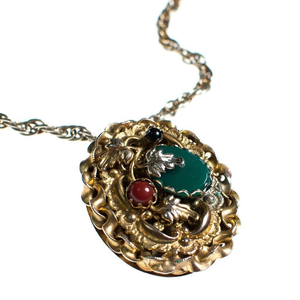 Vintage 1960s Victorian Gothic Inspired Pendant Brooch Necklace Gold with Carnelian and Faux Emerald Jade Cabochons