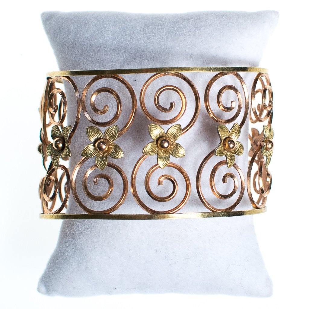 Vintage Krementz Rose and Yellow Gold Floral Scroll Cuff Bracelet by Krementz - Vintage Meet Modern Vintage Jewelry - Chicago, Illinois - #oldhollywoodglamour #vintagemeetmodern #designervintage #jewelrybox #antiquejewelry #vintagejewelry