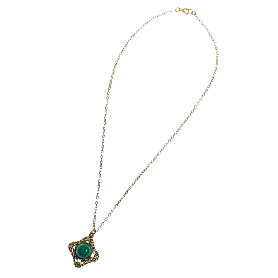 Vintage Speckled Jade Art Glass Renaissance Style Pendant Necklace by 1950s - Vintage Meet Modern Vintage Jewelry - Chicago, Illinois - #oldhollywoodglamour #vintagemeetmodern #designervintage #jewelrybox #antiquejewelry #vintagejewelry