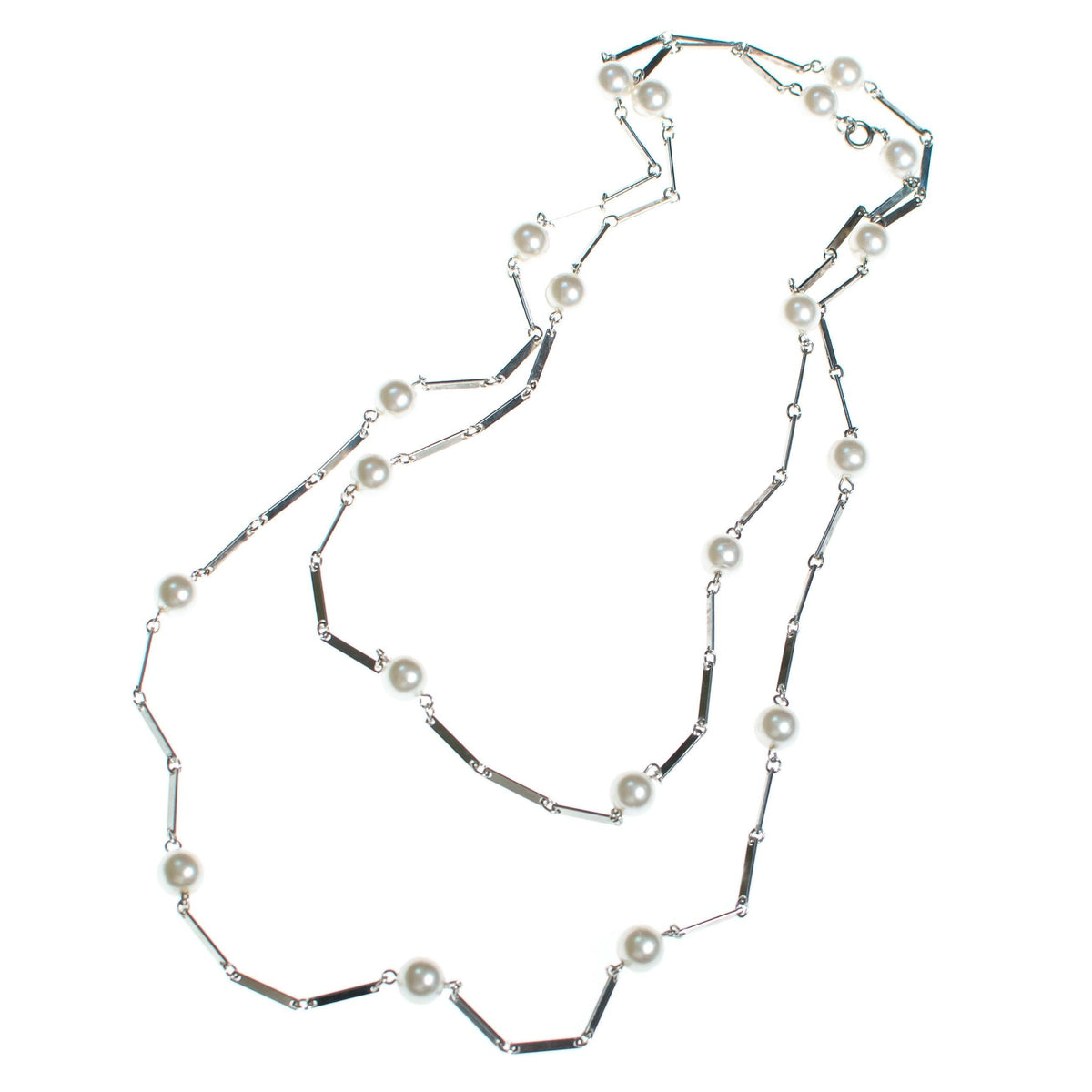 Vintage 1960s Flat Link Silver Chain Station Necklace with Faux Pearls