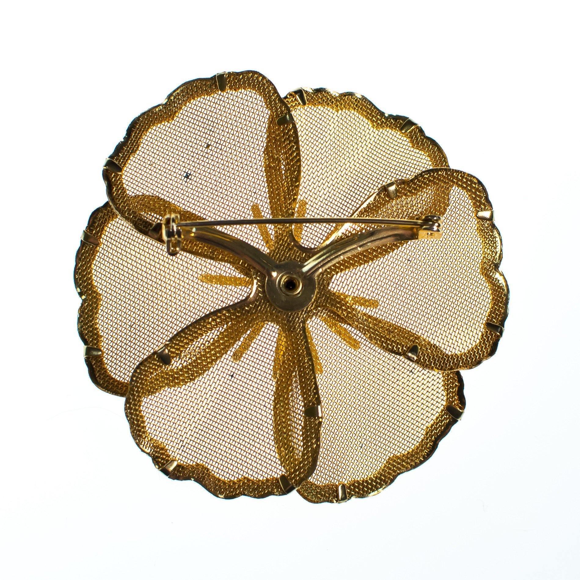 Vintage Mid Century Modern Large Gold Mesh Flower Brooch with Amethyst Crystal by 1960s - Vintage Meet Modern Vintage Jewelry - Chicago, Illinois - #oldhollywoodglamour #vintagemeetmodern #designervintage #jewelrybox #antiquejewelry #vintagejewelry