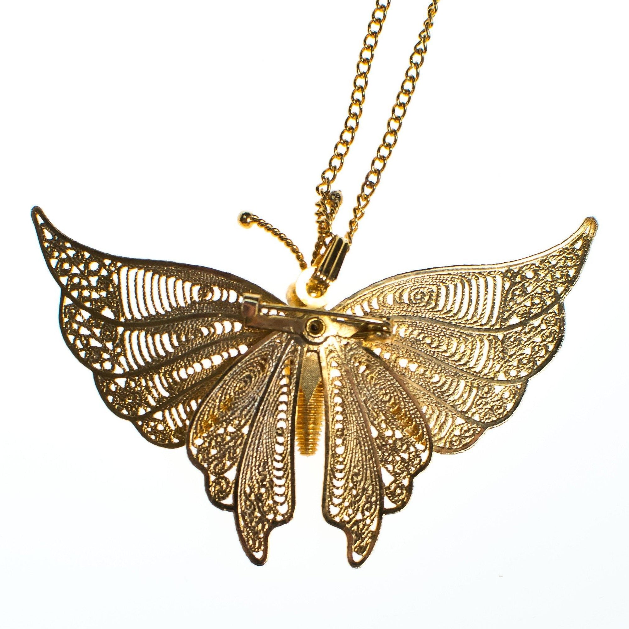 Vintage 1970s Gold Filigree Butterfly Statement Necklace, Pendant, Brooch, Gold Tone Setting, Brooches and Pins, Slide Lock Clasp by 1970s - Vintage Meet Modern Vintage Jewelry - Chicago, Illinois - #oldhollywoodglamour #vintagemeetmodern #designervintage #jewelrybox #antiquejewelry #vintagejewelry