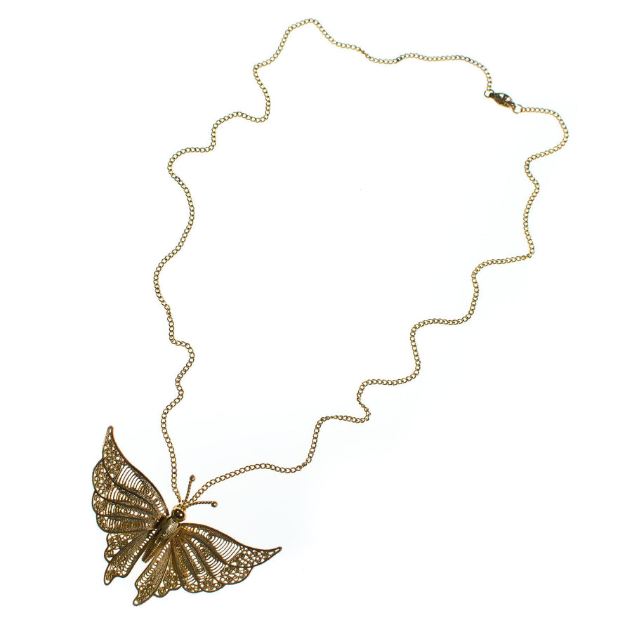 Vintage 1970s Gold Filigree Butterfly Statement Necklace, Pendant, Brooch, Gold Tone Setting, Brooches and Pins, Slide Lock Clasp by 1970s - Vintage Meet Modern Vintage Jewelry - Chicago, Illinois - #oldhollywoodglamour #vintagemeetmodern #designervintage #jewelrybox #antiquejewelry #vintagejewelry