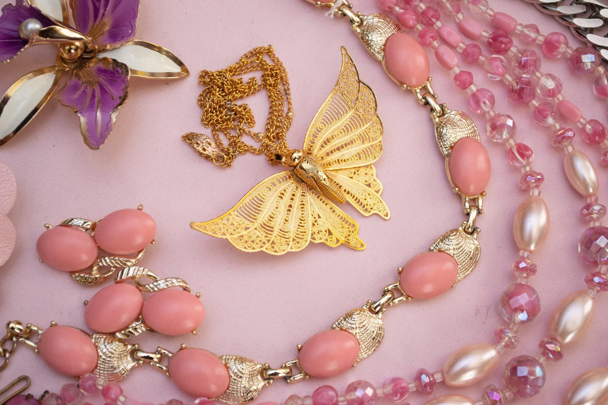 Vintage 1970s Gold Filigree Butterfly Statement Necklace, Pendant, Brooch, Gold Tone Setting, Brooches and Pins, Slide Lock Clasp by 1970s - Vintage Meet Modern Vintage Jewelry - Chicago, Illinois - #oldhollywoodglamour #vintagemeetmodern #designervintage #jewelrybox #antiquejewelry #vintagejewelry