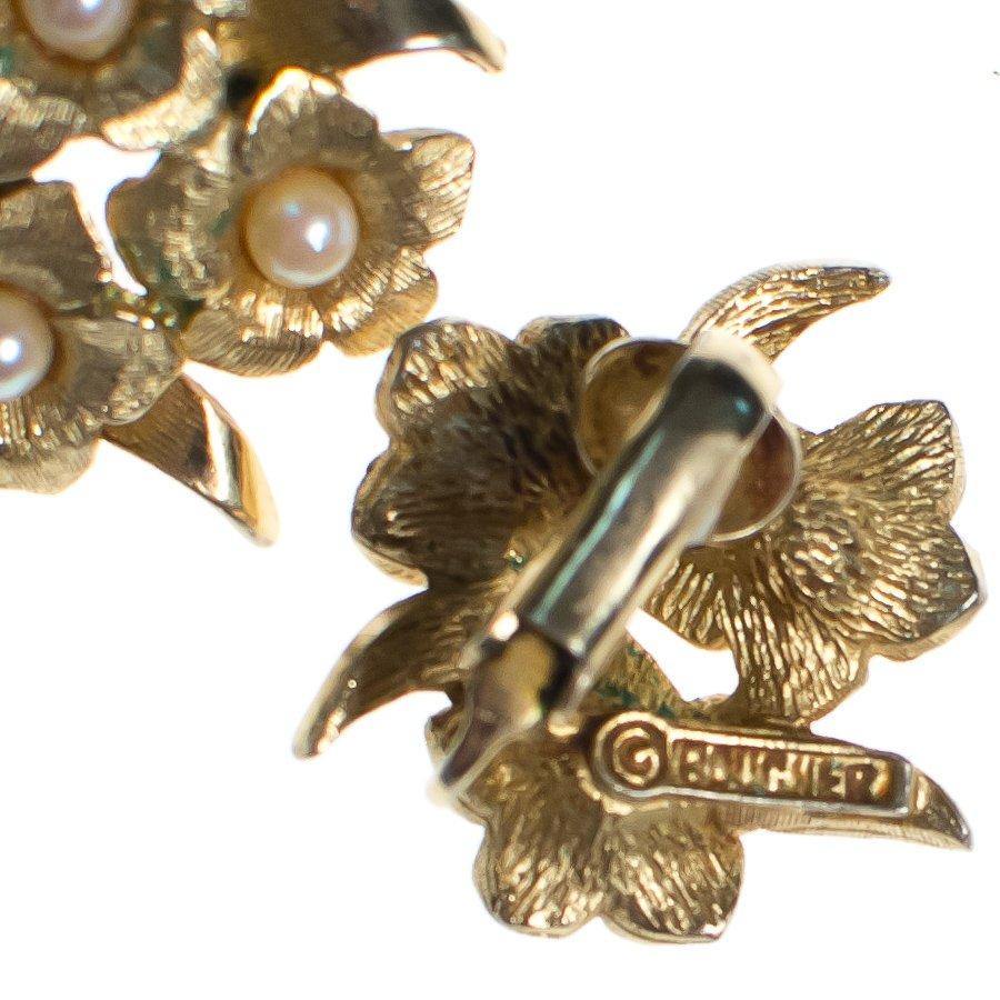 Vintage Boucher Gold Flower and Pearl Statement Earrings, Faux Pearls, Gold Tone Setting, Clip-on by Boucher - Vintage Meet Modern Vintage Jewelry - Chicago, Illinois - #oldhollywoodglamour #vintagemeetmodern #designervintage #jewelrybox #antiquejewelry #vintagejewelry