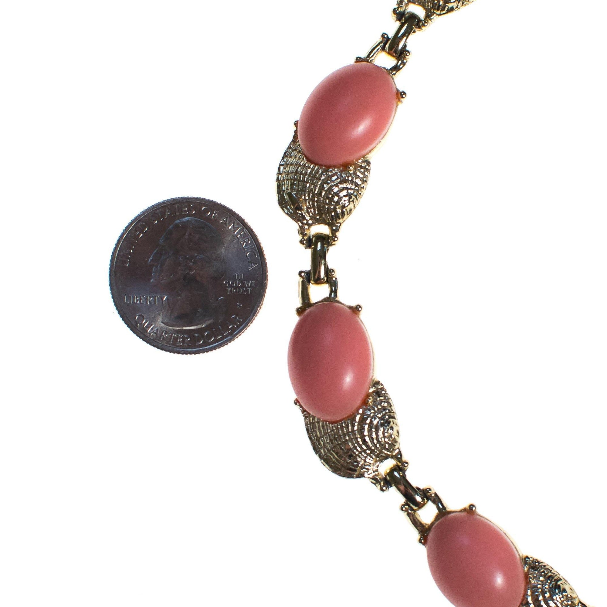 Vintage Blush Pink Lucite Thermoset Necklace, Gold Tone Setting, Fish Hook Clasp by 1950s - Vintage Meet Modern Vintage Jewelry - Chicago, Illinois - #oldhollywoodglamour #vintagemeetmodern #designervintage #jewelrybox #antiquejewelry #vintagejewelry