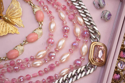 Vintage Blush Pink Lucite Thermoset Necklace, Gold Tone Setting, Fish Hook Clasp by 1950s - Vintage Meet Modern Vintage Jewelry - Chicago, Illinois - #oldhollywoodglamour #vintagemeetmodern #designervintage #jewelrybox #antiquejewelry #vintagejewelry