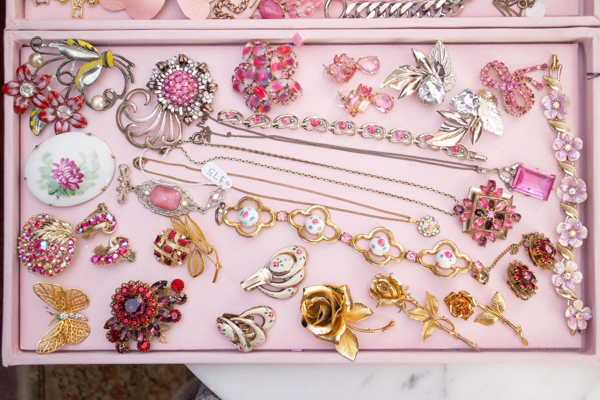 Vintage 1950s Dainty Pink Guilloche Heart with Rhinestones Pendant Necklace by 1950s - Vintage Meet Modern Vintage Jewelry - Chicago, Illinois - #oldhollywoodglamour #vintagemeetmodern #designervintage #jewelrybox #antiquejewelry #vintagejewelry