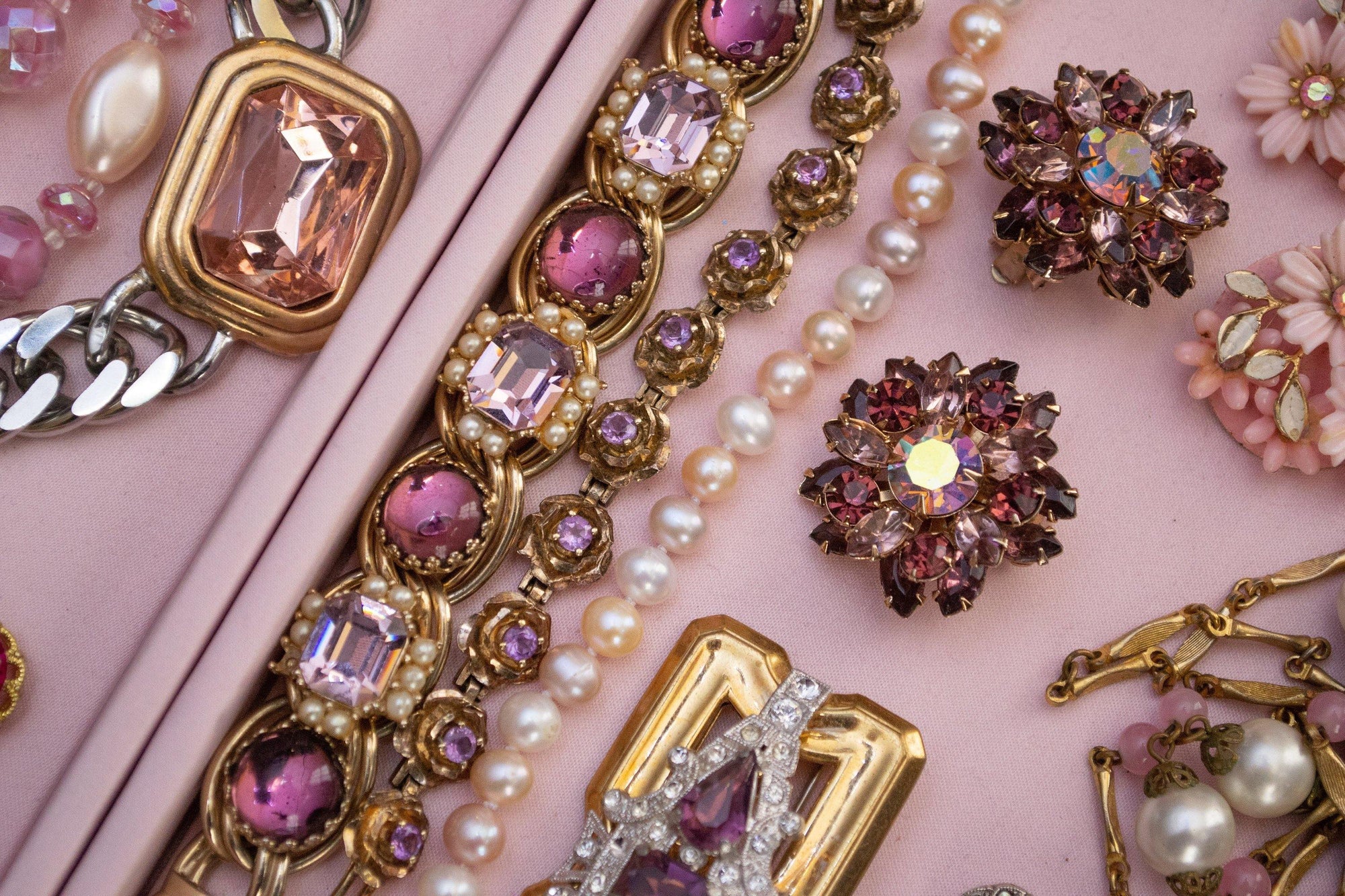 Vintage Carolee Pink Rhinestone Statement Necklace, Silver Tone Necklace, Large Spring Ring Clasp by Carolee - Vintage Meet Modern Vintage Jewelry - Chicago, Illinois - #oldhollywoodglamour #vintagemeetmodern #designervintage #jewelrybox #antiquejewelry #vintagejewelry