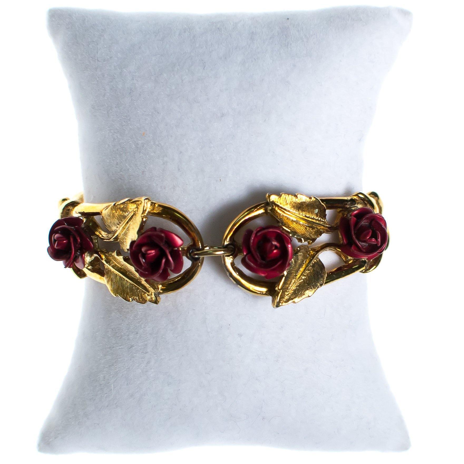 Vintage 1960s Red Rose and Gold Bracelet by 1960s - Vintage Meet Modern Vintage Jewelry - Chicago, Illinois - #oldhollywoodglamour #vintagemeetmodern #designervintage #jewelrybox #antiquejewelry #vintagejewelry