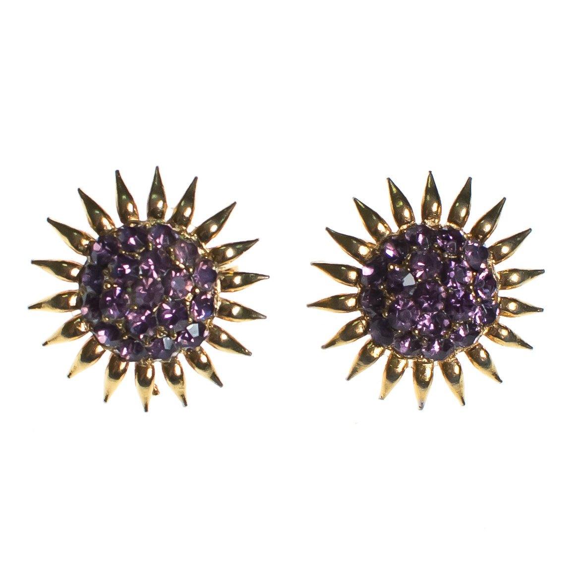 Vintage Purple Rhinestone Flower Earring, Gold Tone Setting, Clip-on