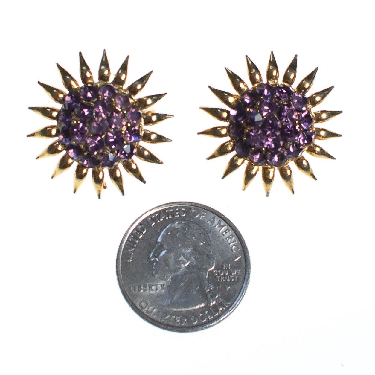 Vintage Purple Rhinestone Flower Earring, Gold Tone Setting, Clip-on by Unsigned - Vintage Meet Modern Vintage Jewelry - Chicago, Illinois - #oldhollywoodglamour #vintagemeetmodern #designervintage #jewelrybox #antiquejewelry #vintagejewelry
