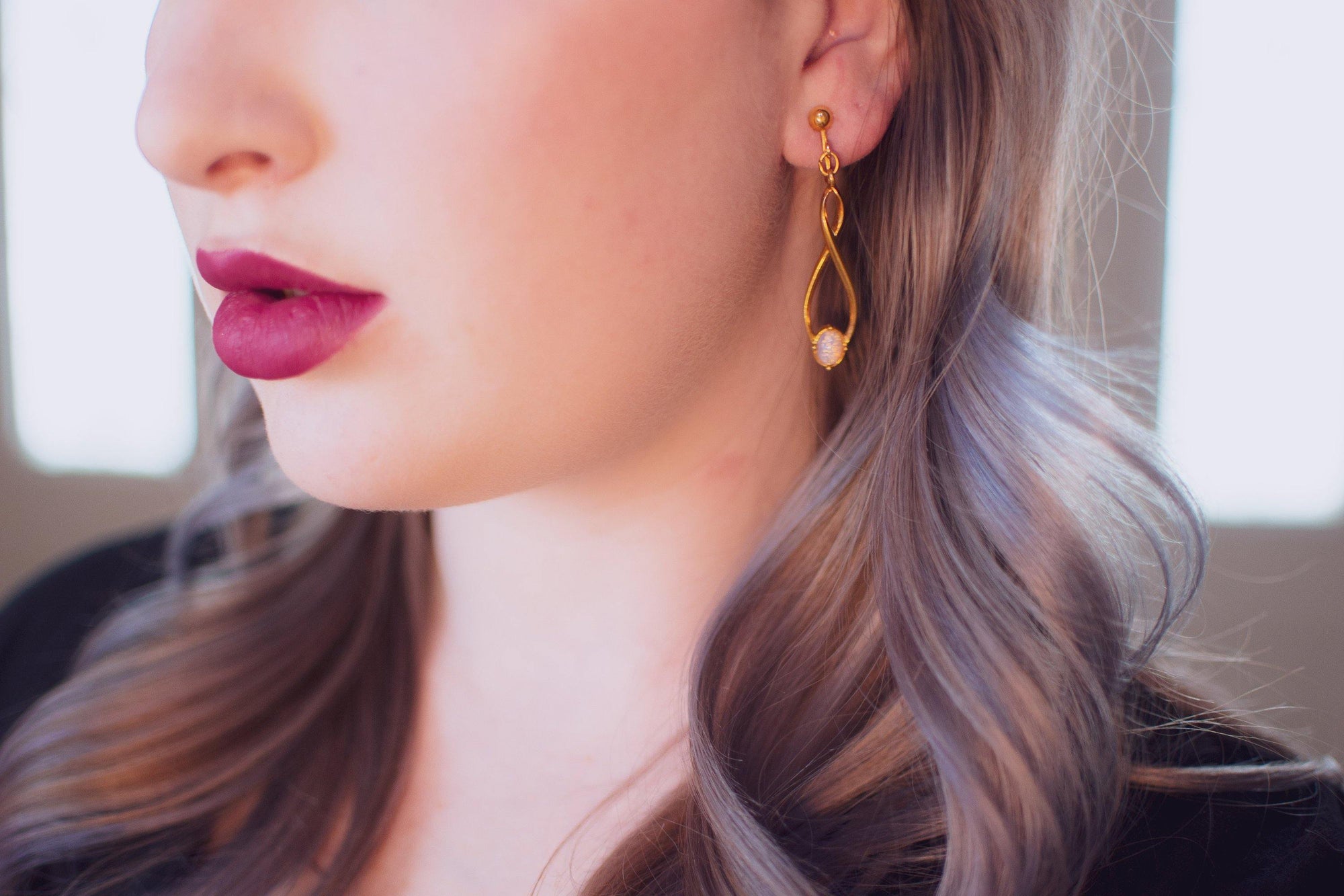 Vintage Modernist Gold Swirl Drop Earrings with Opaline Cabochon Beads by 1960s - Vintage Meet Modern Vintage Jewelry - Chicago, Illinois - #oldhollywoodglamour #vintagemeetmodern #designervintage #jewelrybox #antiquejewelry #vintagejewelry