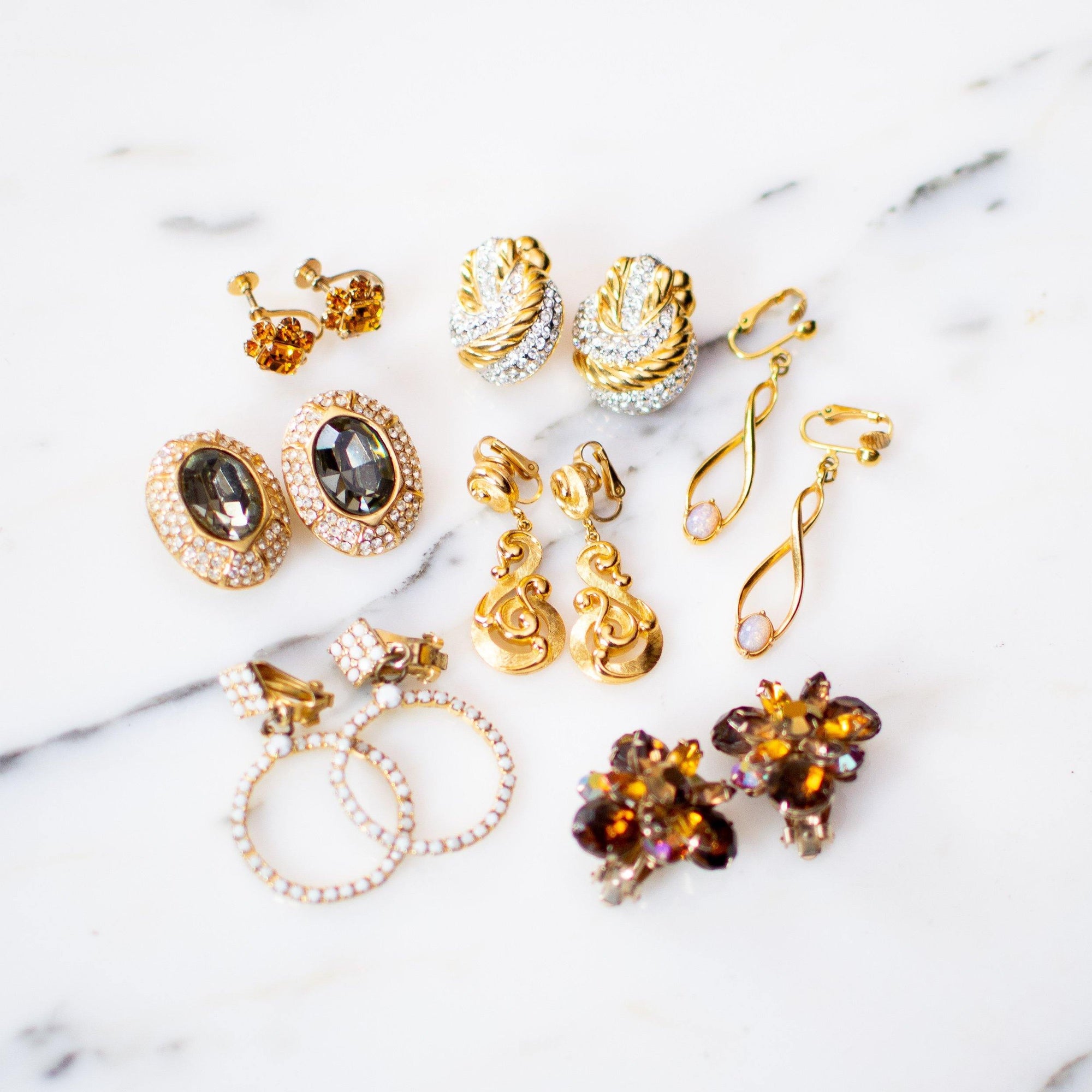 Vintage Modernist Gold Swirl Drop Earrings with Opaline Cabochon Beads by 1960s - Vintage Meet Modern Vintage Jewelry - Chicago, Illinois - #oldhollywoodglamour #vintagemeetmodern #designervintage #jewelrybox #antiquejewelry #vintagejewelry