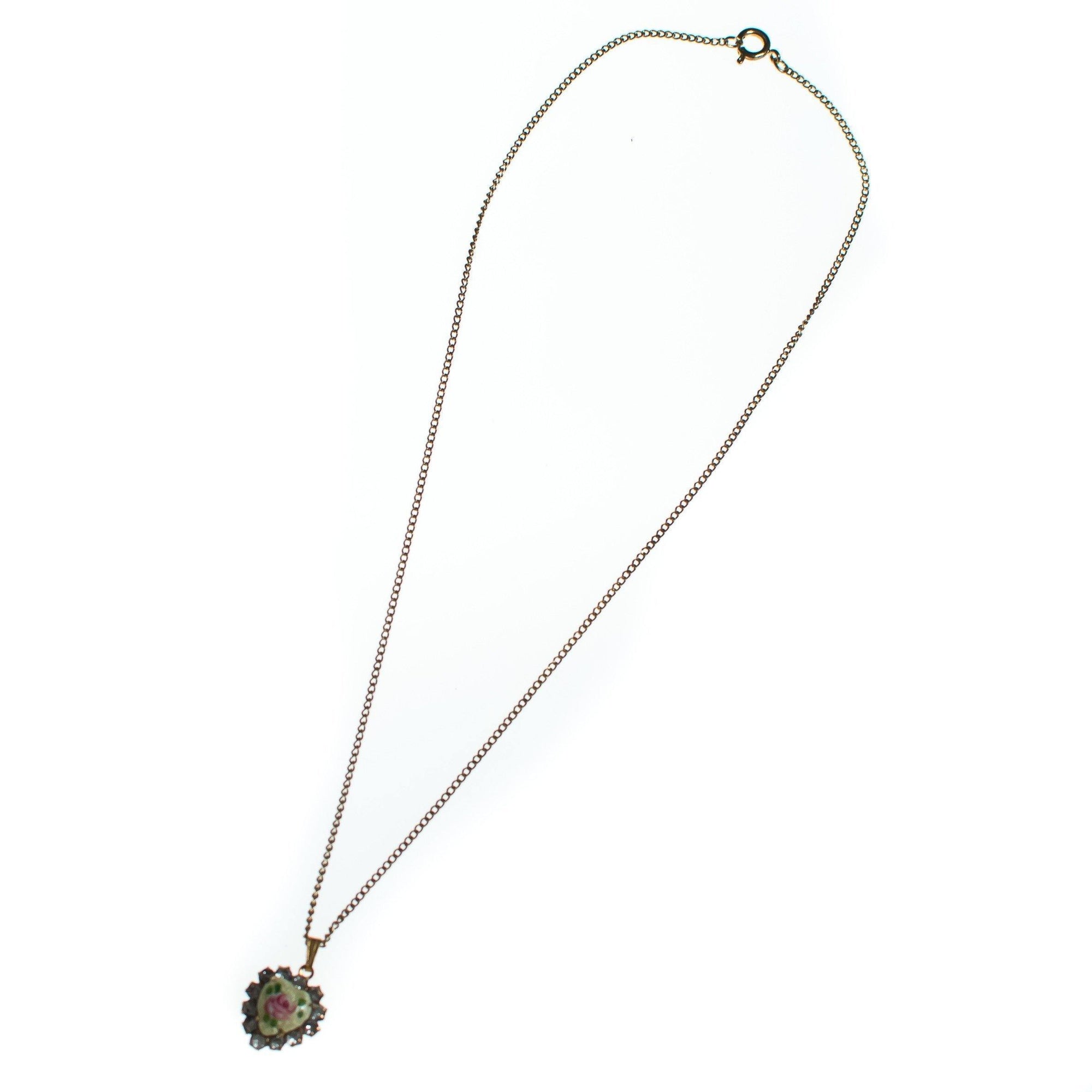 Vintage 1950s Dainty Pink Guilloche Heart with Rhinestones Pendant Necklace by 1950s - Vintage Meet Modern Vintage Jewelry - Chicago, Illinois - #oldhollywoodglamour #vintagemeetmodern #designervintage #jewelrybox #antiquejewelry #vintagejewelry