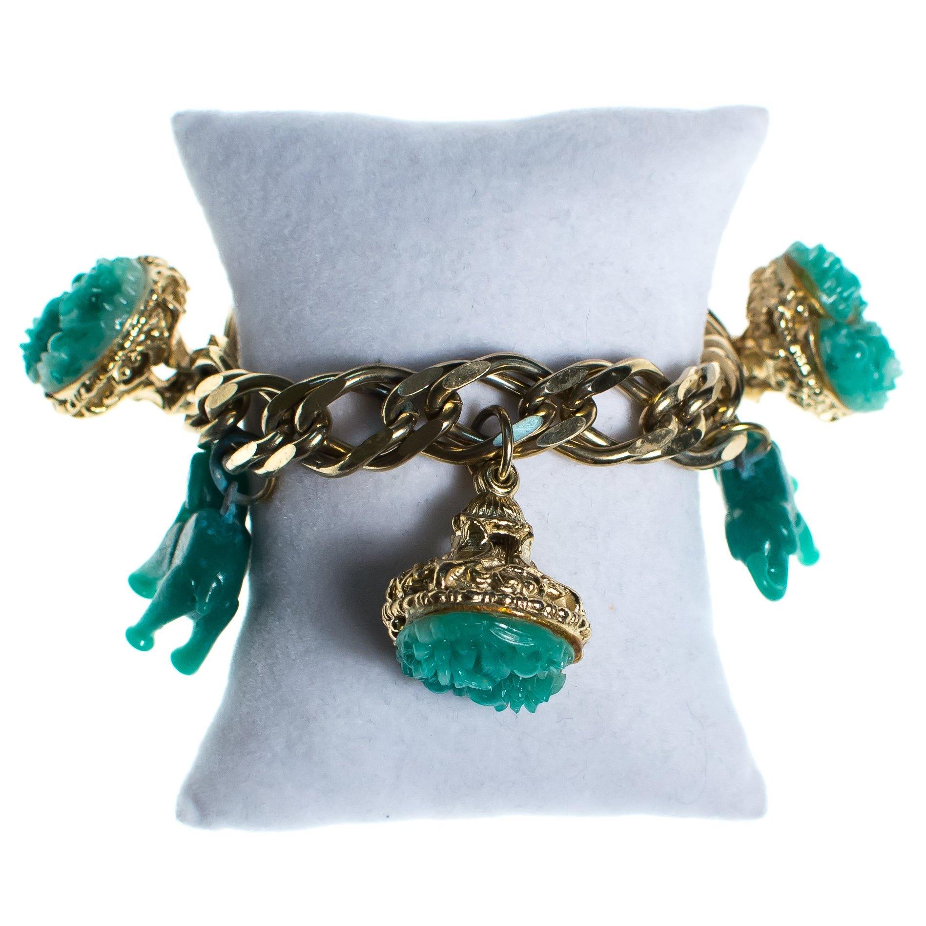 Vintage 1940s Made in Germany Chunky Charm Bracelet with Faux Emerald Jade Glass Elephant and Floral Charms by 1940s - Vintage Meet Modern Vintage Jewelry - Chicago, Illinois - #oldhollywoodglamour #vintagemeetmodern #designervintage #jewelrybox #antiquejewelry #vintagejewelry